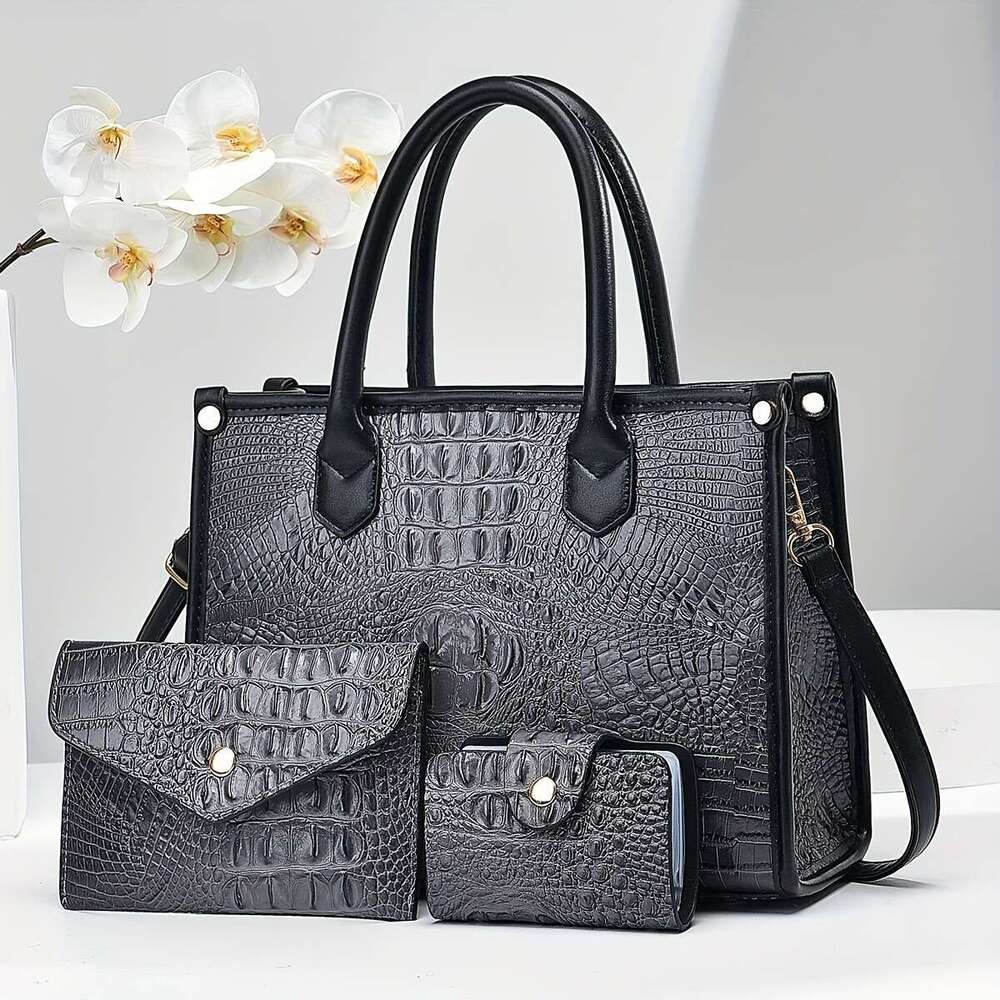 Light Luxury High-End Genuine Leather Crocodile Pattern Handbag Fashion Trend Large Capacity Middle-Aged Mom Shoulder Three-Piece Set Letter Bag
