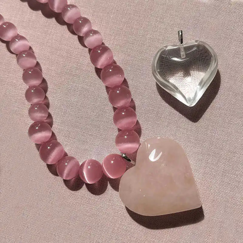 1 natural pink Cateye bead rose quartz heartshaped stone pendant necklace for summer and womens crystal series peach green 250421