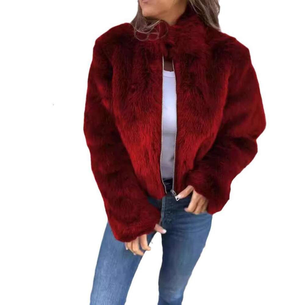 Fashion European Women's and Amazon American CrossBorder New Autumn Winter Faux Fur High Collar Zipper Short Casual Jacket Coat
