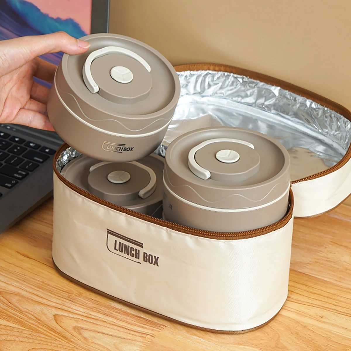 304 Stainless Steel Insulated Lunch Box with Storage Bag Portable Double-layer Covered Lunch Box Office Student Sealed Lunch BoxM251121