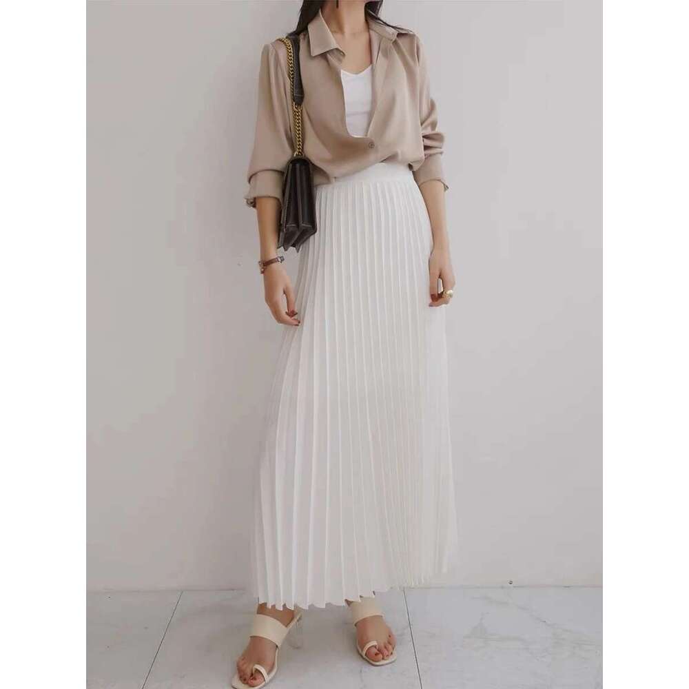 Brand Designer Women Spring Autumn Elegant Chic Solid Pleated Skirt High Waist Fashion With Elastic Female C-035