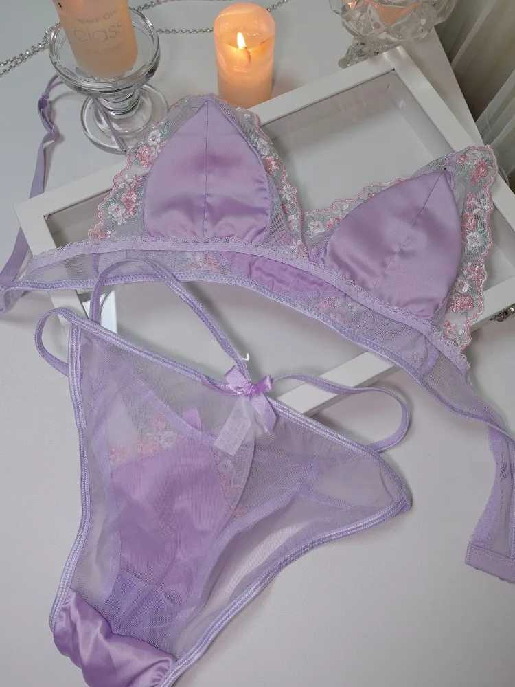 MOYISU Girls French Bra Thin Triangle Cup Embroidery Light Luxury Silk Sexy Pure Desire Lace Underwear SetXJ251106