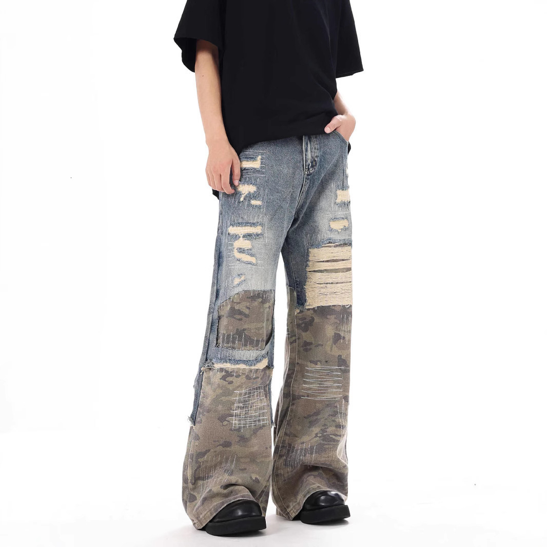 Streetwear Men Leopard Trend Print Harajuku Flared Jean Vintage Distressed Patchwork Letter Y2K Punk Aesthetic Wide Denim Pants 251008