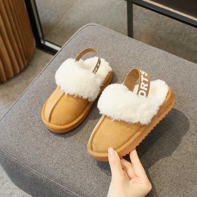 Children Toes Wrapped Plush Slippers Kids Classic Slippers Winter Anti Slip Thick Soled Girls Fur Cotton Shoes Britain StyleW251121