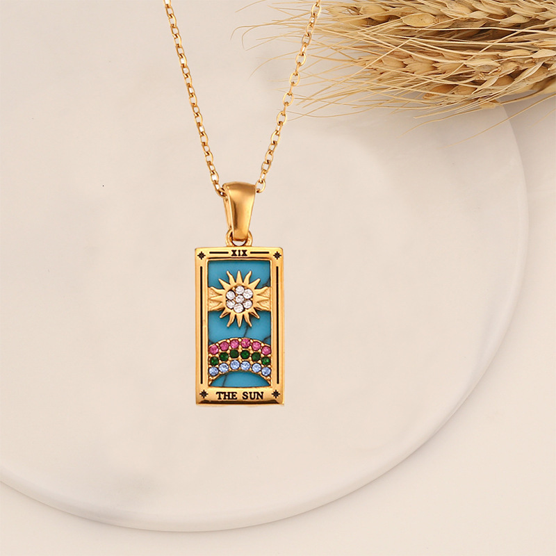 Highly praised hot item electroplated real gold tarot with dia drip oil square card stainless steel necklace
