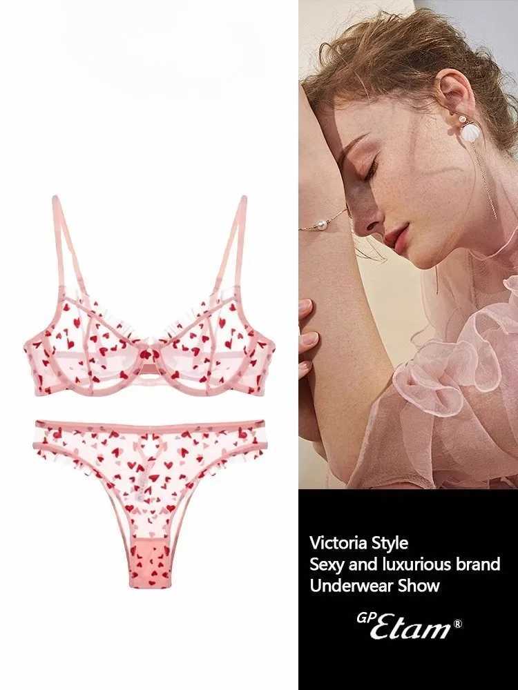 YUQI Chic Heart Lace Push-Up Bra Set Small Bust Enhancer Anti-Sagging Mesh Underwear Womens French Style Lingerie KitXJ251106