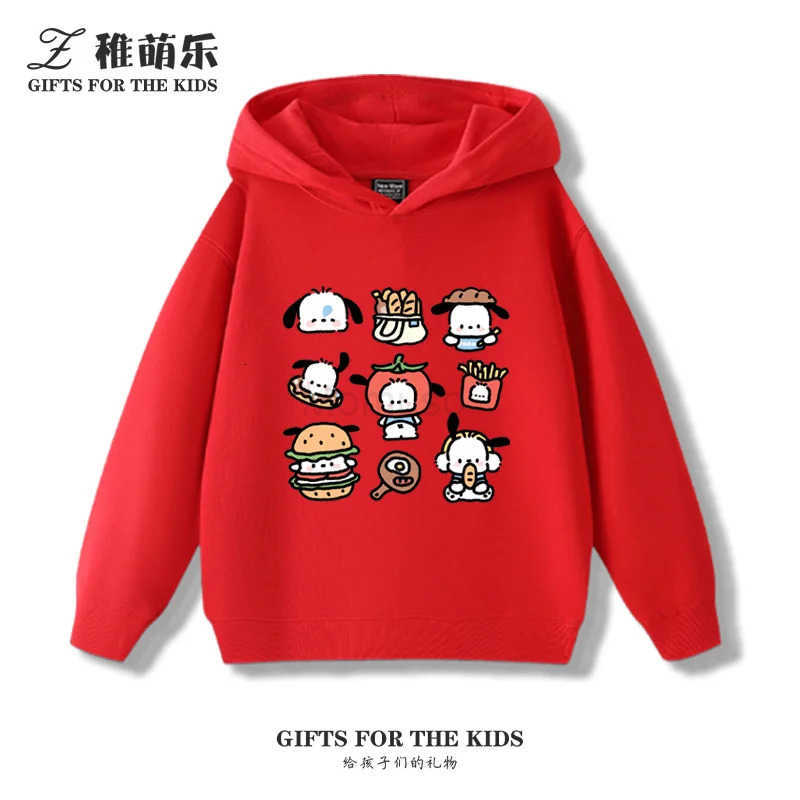 Sanrio Creative Burger Pochacco Printed Childrens Casual Pullover Boys Girls Fall and Winter Fashion Warm Fleece Hoodie H251121