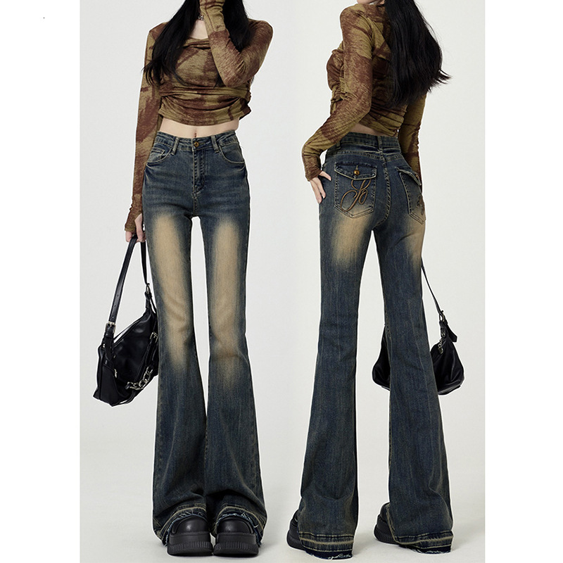 Designer luxury Vintage Flared Jeans for Women 2025 New Early Autumn High Waist Slim Fit Frayed Hem Slimming Bootcut Stretch Pants