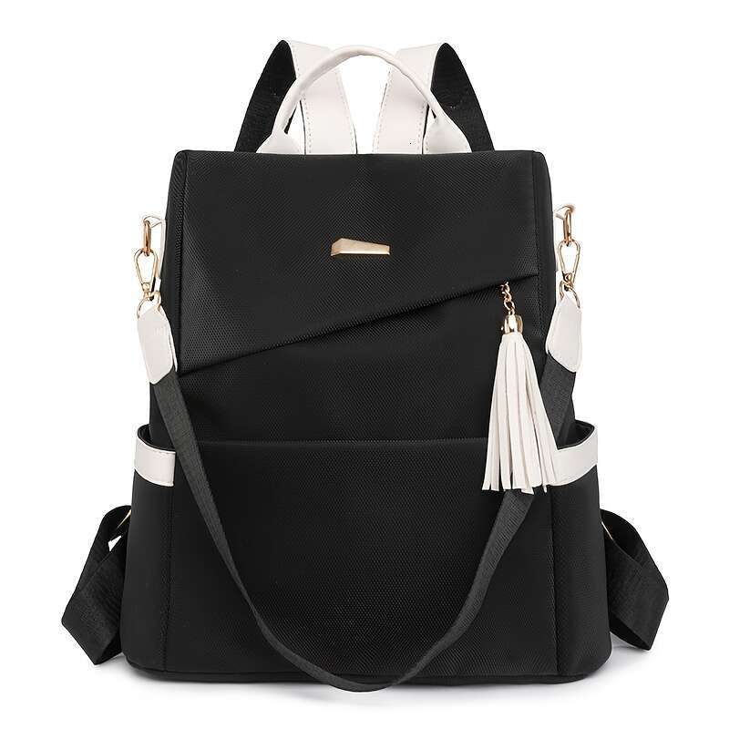 Preparation Elegant Women's Anti-theft Lightweight Backpack - Chic White with Pink Accents, Large Capacity, Adjustable Shoulder Straps, Tassel De