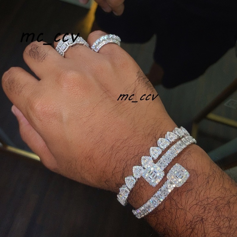 New Custom Design Baguette Moissanite Diamonds S925 Sterling Silver Bangle Unisex Bracelet Jewelry