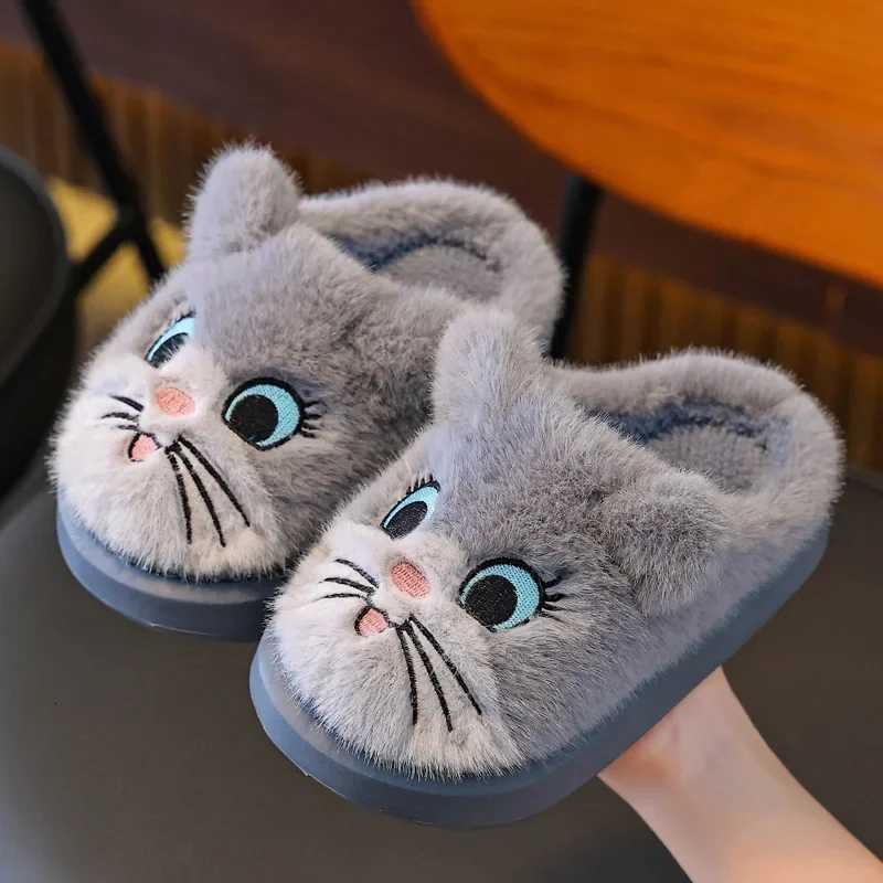 Winter Cartoon Cat Girls Boys Slippers Embroidery Plush Warm Non Slip Children Home Shoes Soft Bottom Kids Floor SlippersW251121
