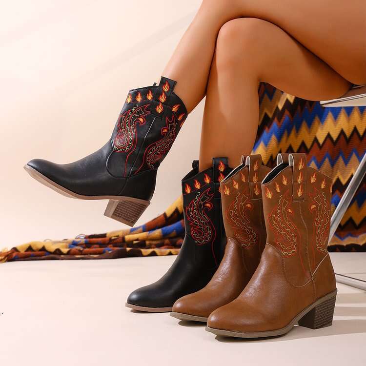 Plus Size Women's Shoes 2025 Autumn Winter New Round Toe Chunky Mid Heel Mid-Calf Western Cowboy Boots for Women Designer Shoe