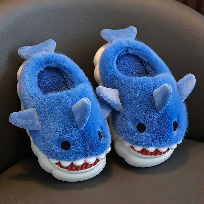 2024 New Winter Childrens Fluffy Slippers Cute Shark Non-slip Flip Flops For Girls Boys Mule Warm Plush Home Kids Cotton ShoesW251121