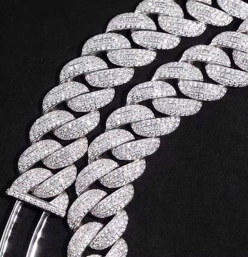 Iced Out Rapper Moissanite Cuban Chain Necklace Sparkling Jewelry Hip Hop 17mm Moissanite Miami Cuban Link Chain in Silver 925