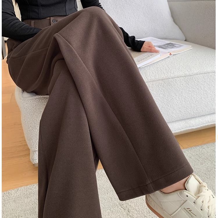 Designer luxury Gray Woolen Suit Pants for Women, Autumn Winter 2025 New High Waist Fleece Narrow Version Petite Loose Straight Wide Leg Pants