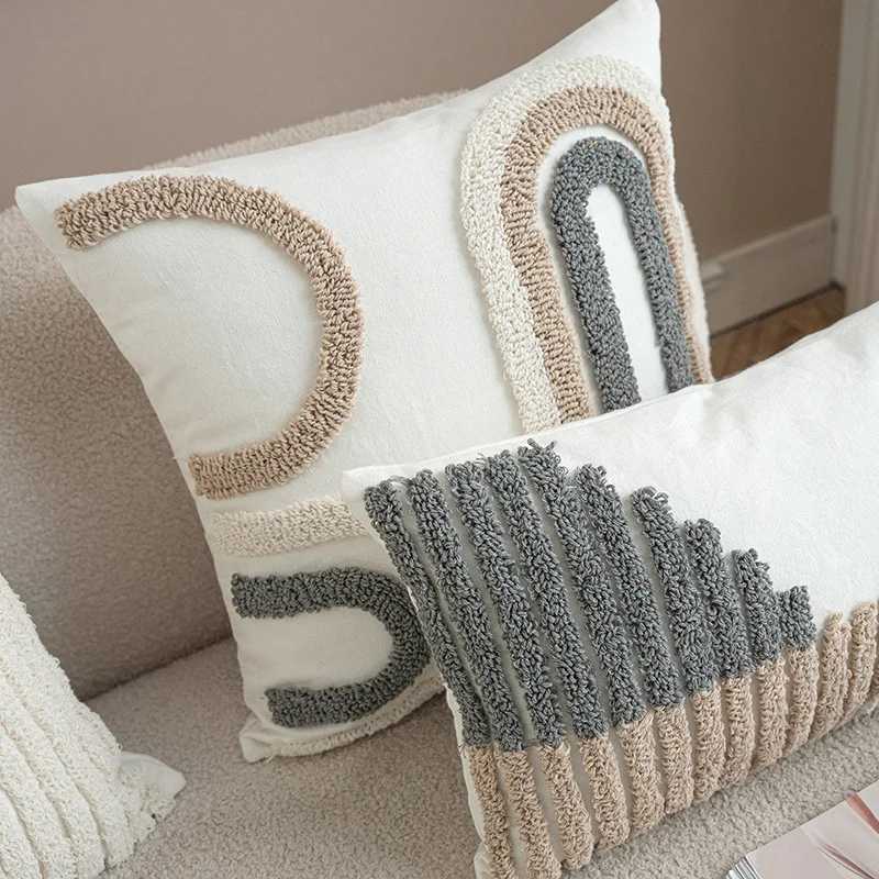 Grey and White Geometric Tufted Cushion Cover Bohemian Tassel Covers Decorative Light Luxury Cushion Cover Home Decor C251121