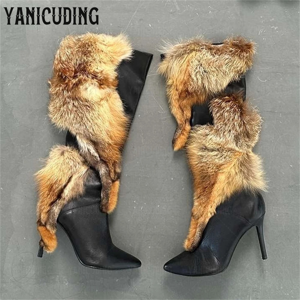 Patchwork Leather Fur Boots y Style Stiletto Knee High ner Handmade Zipper Customized Womens 251121