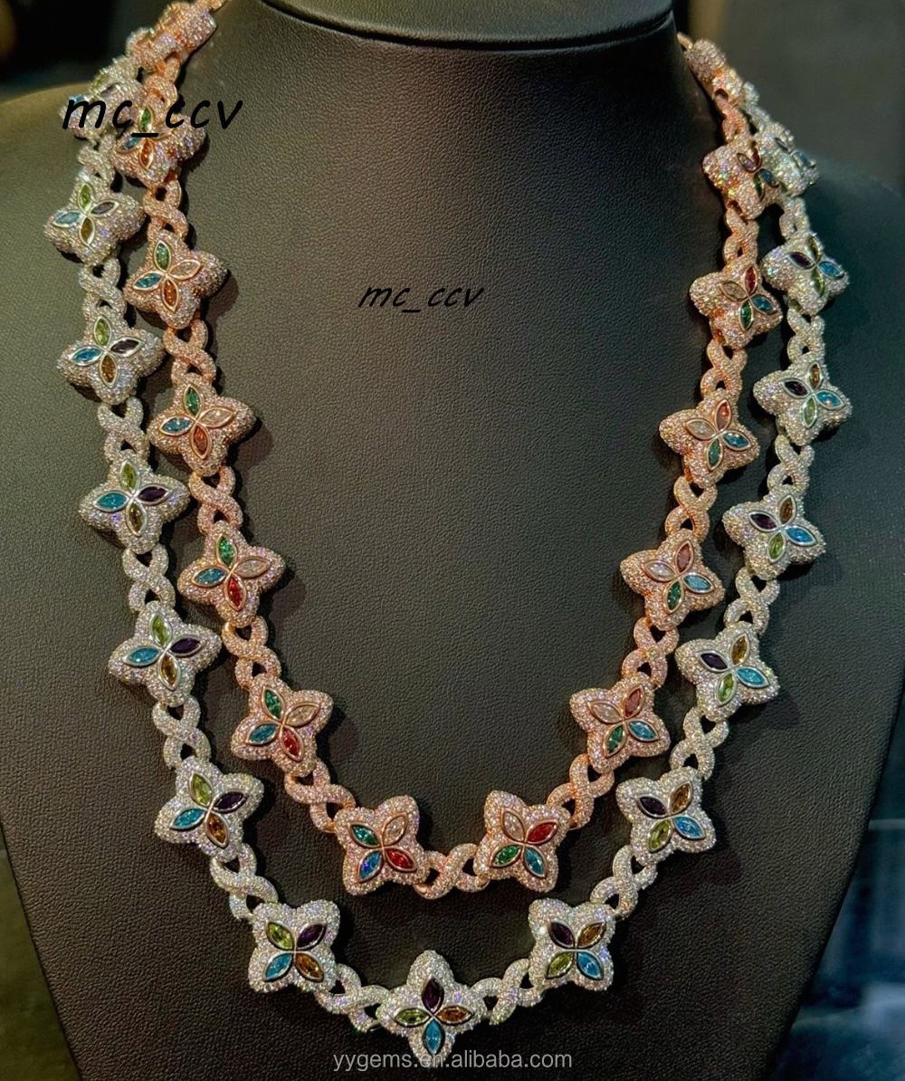 Fashion Hip Hop Jewelry Gold Plated 925 Sterling Silver Colored Moissanite Diamond Four Leaf Clover Necklace Cuban Link Chain