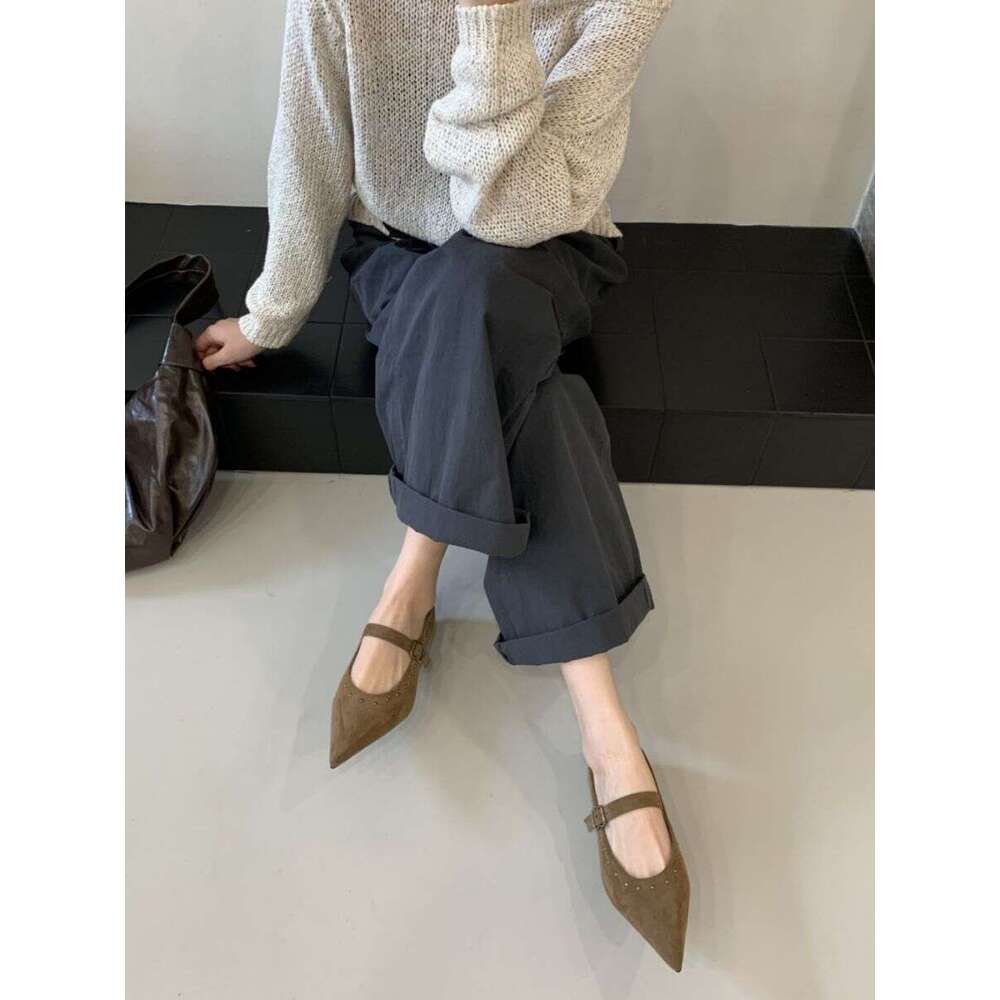Khaki Rivet Designer Shoe Flat Heel Fall pointed toe Elegant Mary Jane womens dress Shoes