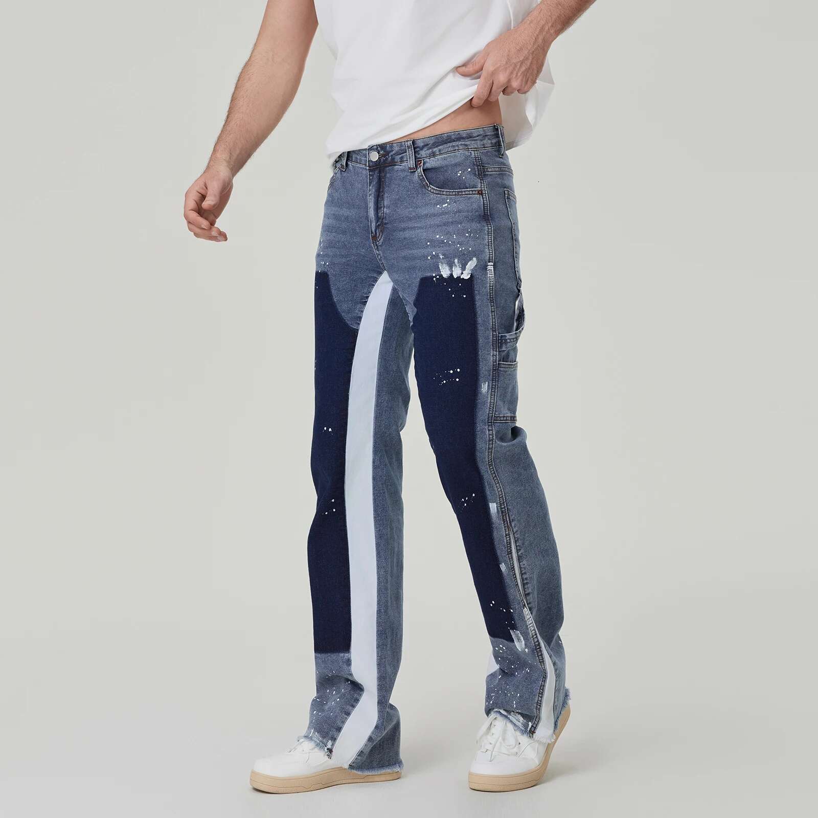 Men's Micro Flare Jeans Fashion Ink-Splatter Patchwork Denim Pants Spring Summer Casual Trousers With Pockets Streetwear