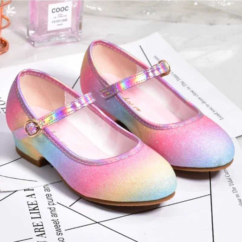 Princess Shoes for Girls Spring Autumn Glitter Fashion Kids Dress Leather Shoe Rainbow Sequins Children Party Wedding High HeelsW251121