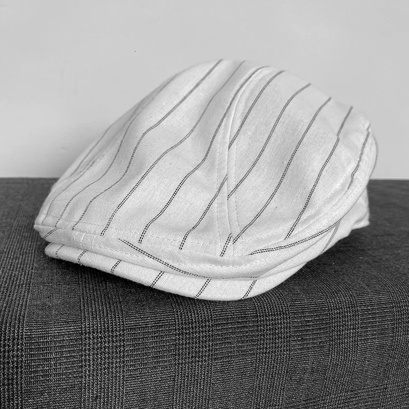 Spring and summer linen s boy hat white striped breathable beret mens literary retro hat British hat mens hat 53 250420