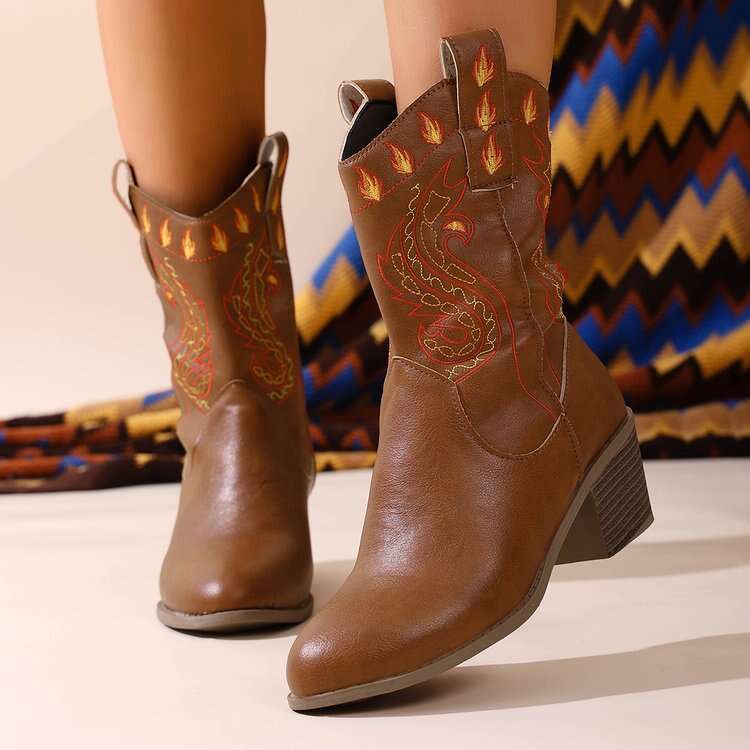 Plus Size Women's Shoes 2025 Autumn Winter New Round Toe Chunky Mid Heel Mid-Calf Western Cowboy Boots for Women Designer Shoe