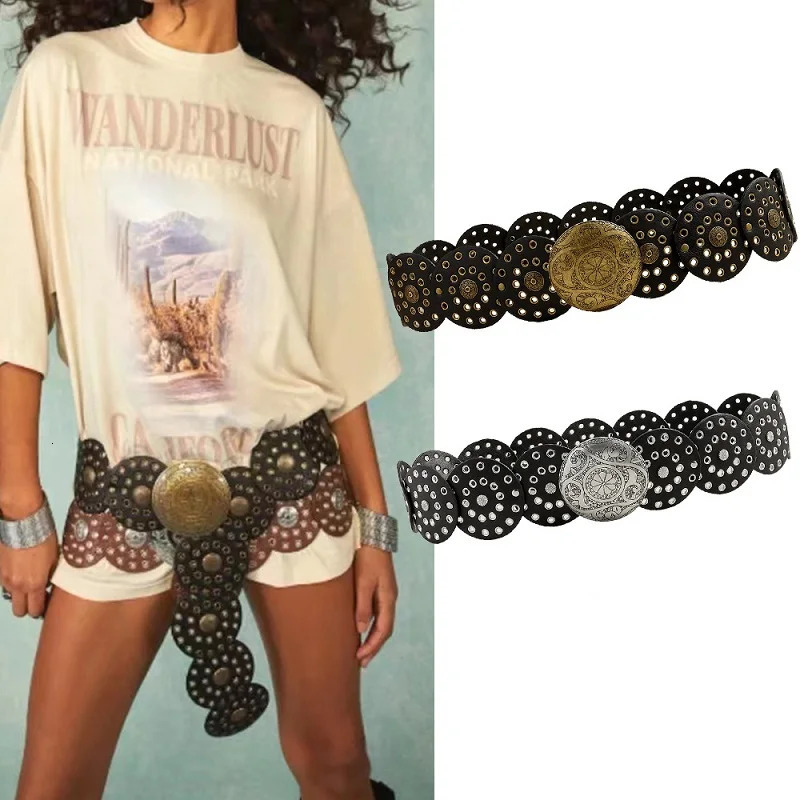 Womens Western Denim Belt High Quality Metal Hollow Ladies Trend Wide Waistband Vintage Personalized Round Belts DT148 250603