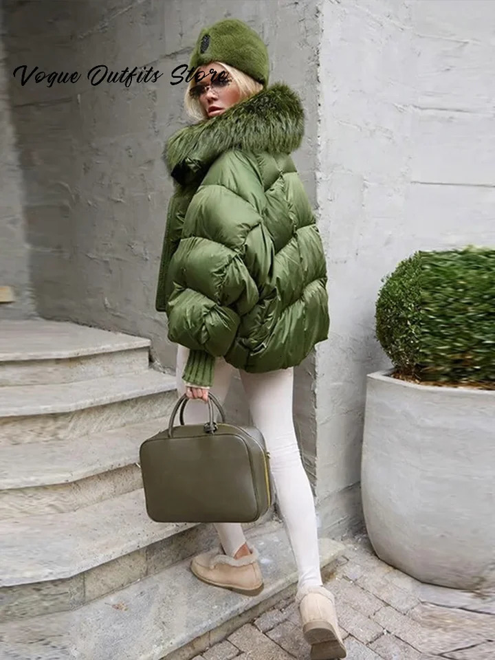 Womens Winter Fur Collar Parka Coat Hood Long Sleeve Zipper Green Quilted Down Jacket Female Fashion Lady in Outwear 251112 - view 7