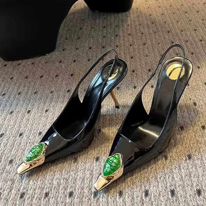 Liyke runway fashion gemstone metal dot toe patent leather womens pump red high heels wedding party shoes suspender sandals size 42 M250421