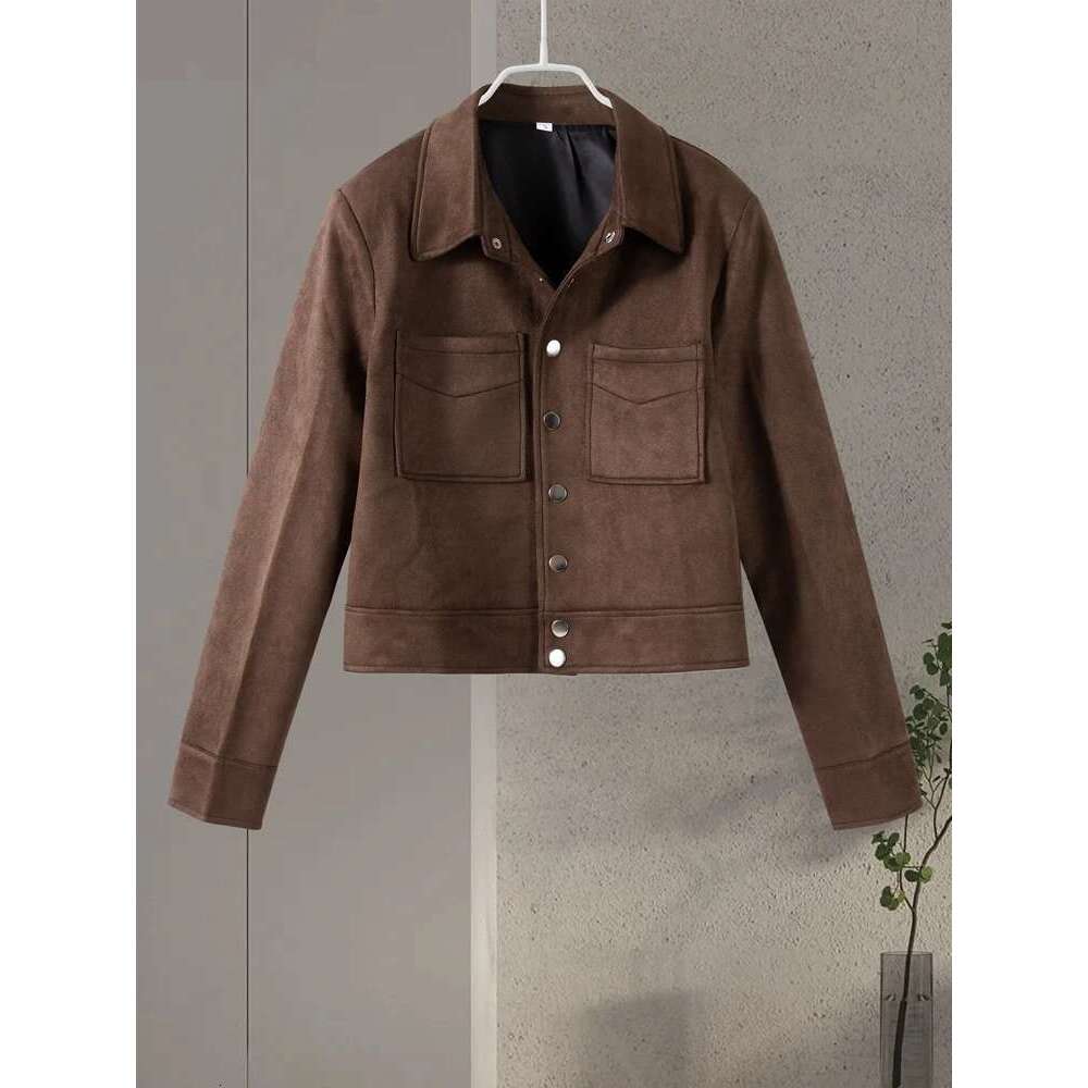 Designer Clothes Big Pockets Suede Short Women's Jackets Vintage Lapel Single Breasted Full Sleeve Jacket Lady 2025 Spring Fashion Streetwears