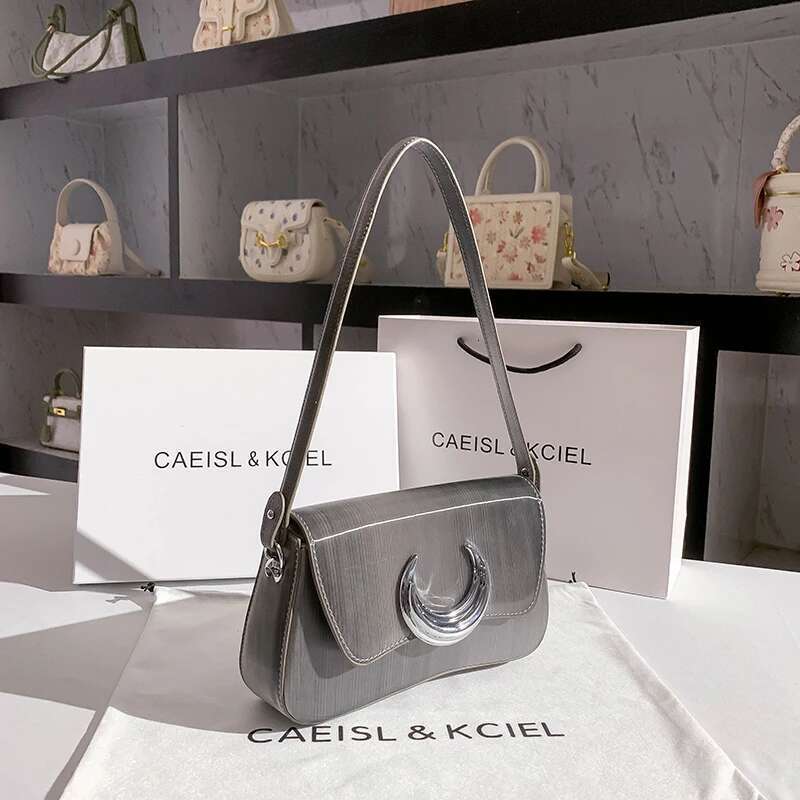 High Quality Textured Leather Half Moon Women S Handbag Gradient Gray Underarm Lady Purse Fashion Shoulder Messenger Bag Bag