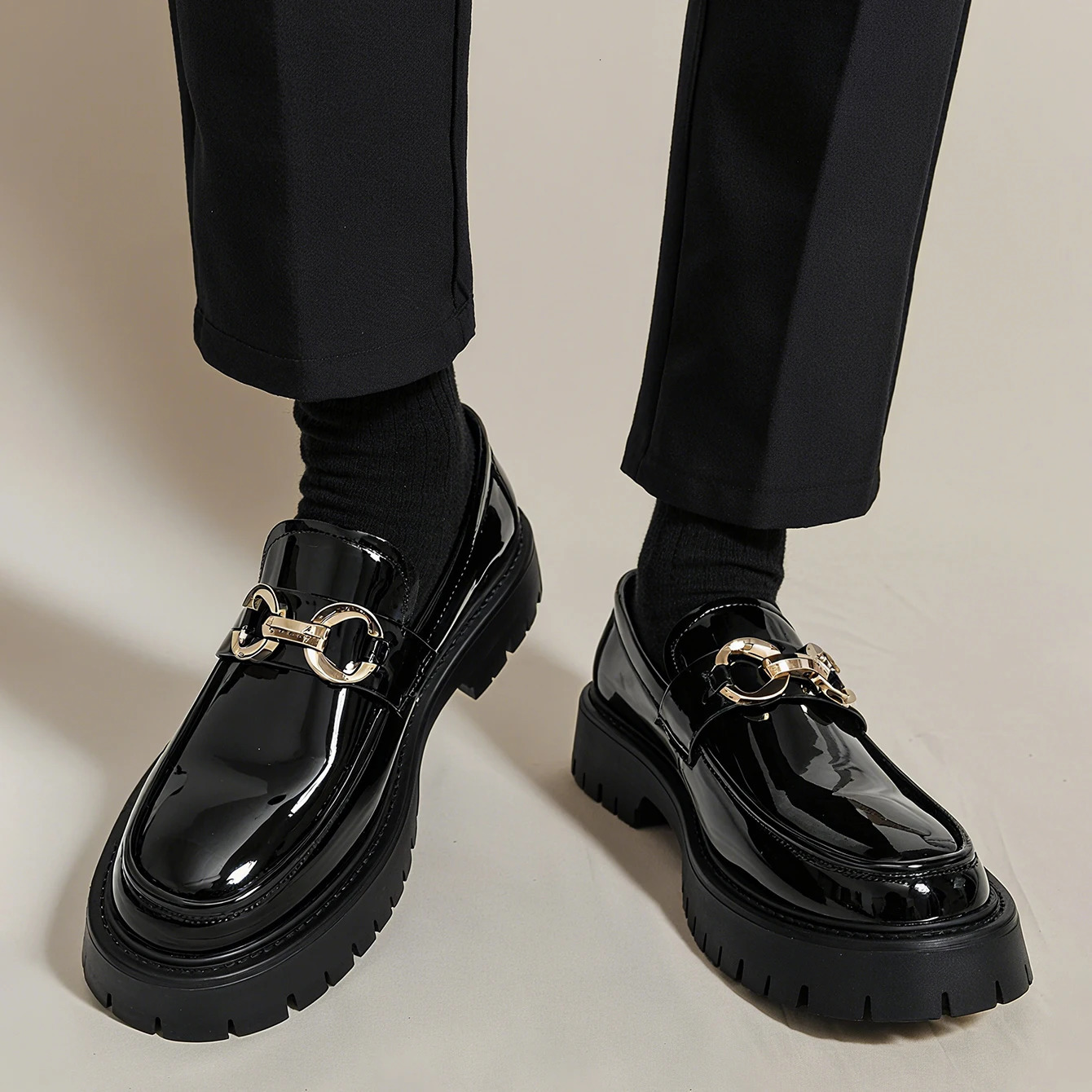 Fashion Thick Sole Mens Penny Loafers SlipOn Business Dress Shoes for Gentleman Metal Buckle Formal Black Glossy 251121