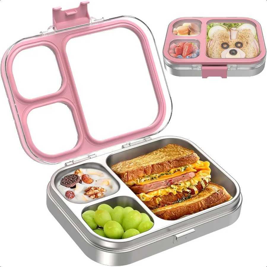 Stainl Steel Bento Box with Silicone Lid Leakproof Toddlers Lunch Container 3 Compartments Dishwasher Safe PinkM251121