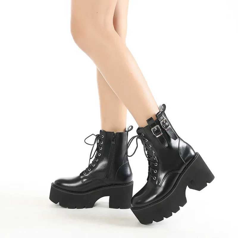 2025 Women Ankle Boots Platform Square High Heel Ladies Motorcycle Boots Patent PU Leather Side Zipper Women Lace Up Boot Black H251121