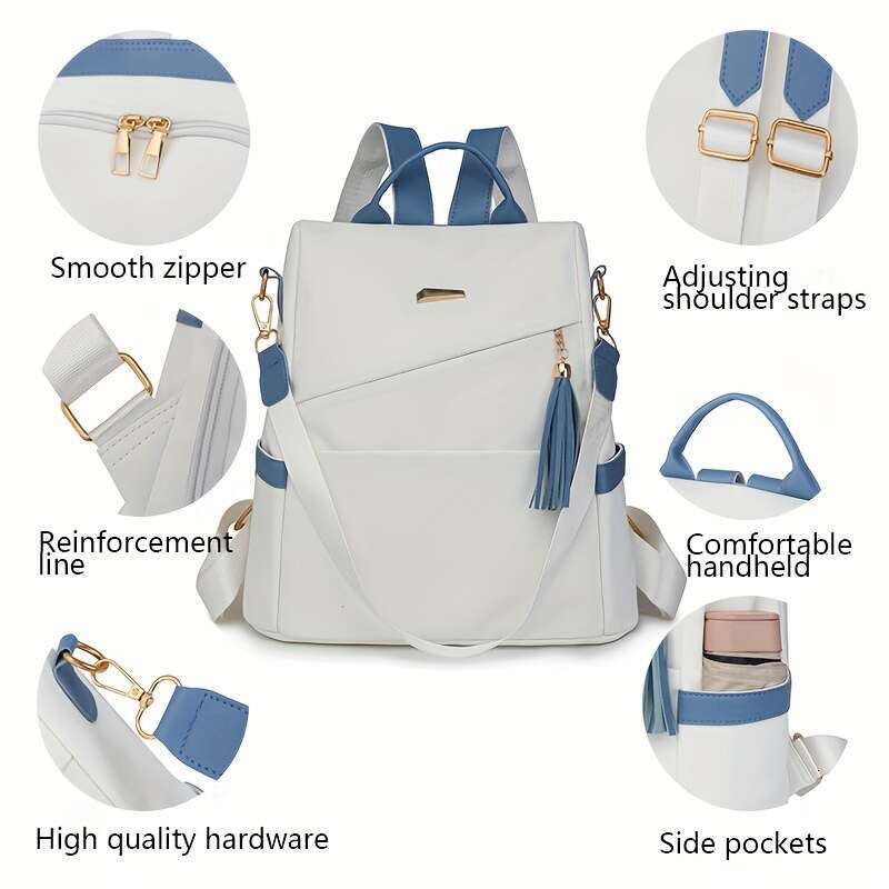 Preparation Elegant Women's Anti-theft Lightweight Backpack - Chic White with Pink Accents, Large Capacity, Adjustable Shoulder Straps, Tassel De