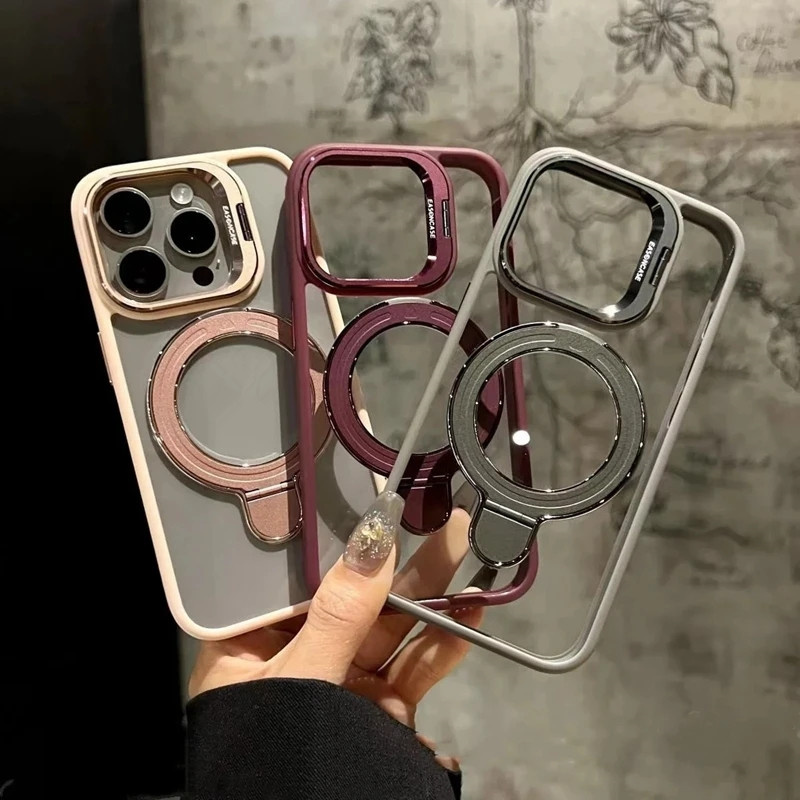 Luxury Magnetic Transparent Kickstand Stand Phone Case For iPhone 17 air 16 15 14 Plus 13 12 11 Pro Max Ring Holder Stand Cases Magsafe Shockproof Bum