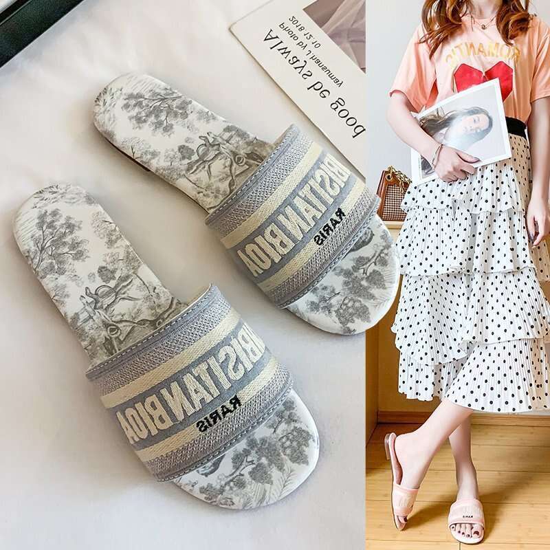 Free shipping 2025 new designer slippers flat slides for womens sandals girl blue pink fashion embroidery slipper outdoor dh5439299