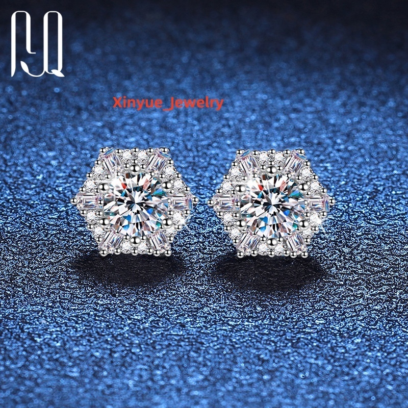 PYQ 05ct Hexagonal Moissanite Earrings for Women Certified by China GRA 925 Silver Hexagonal Earrings