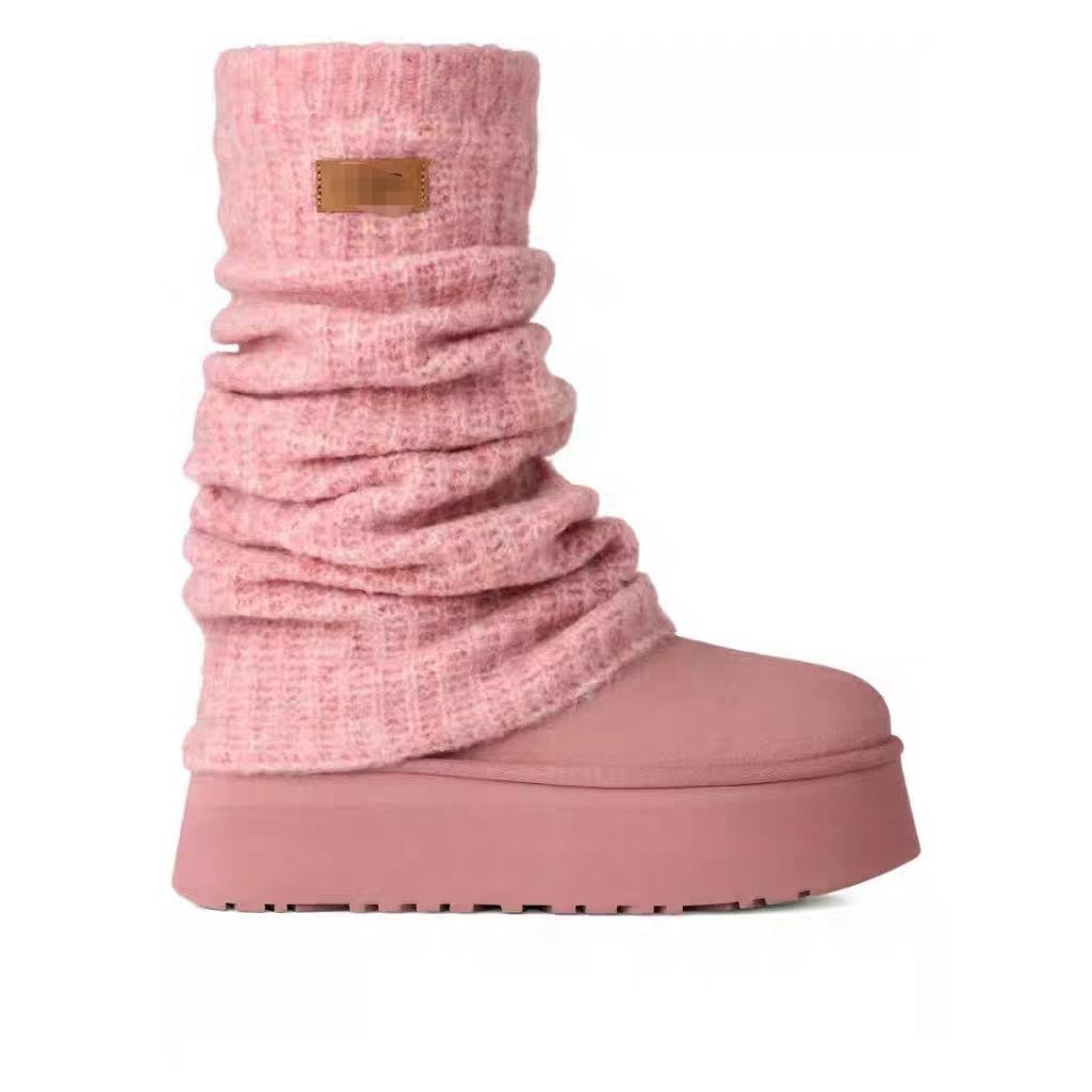 2026 Winter High-top Pink Knitted Sock Boots Thick-soled High Boots with Fleece Style Casual Snow Boots Designer Womens