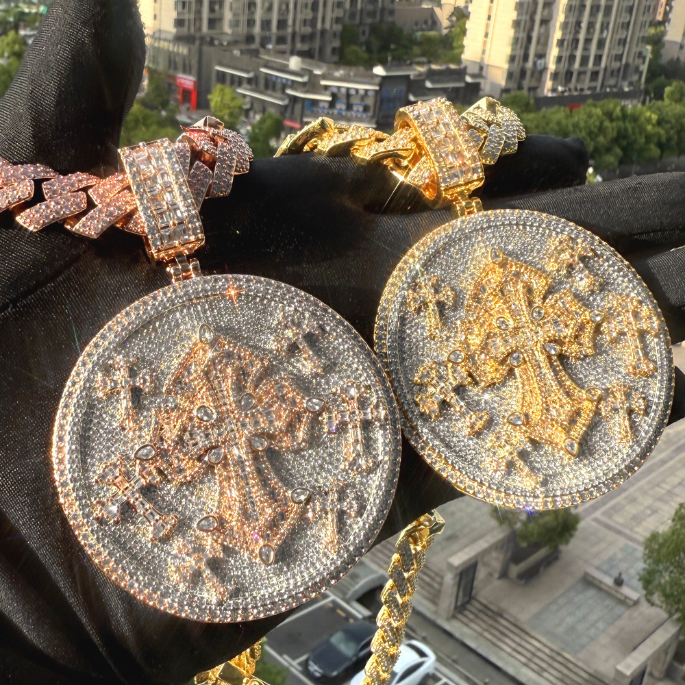 Iced Out Two Tone Color Cross Round Pendant Necklace Zircon CZ Infinity Cuban Chain Big Heavy Chunky Badge Men Hip Hop Jewelry 250920