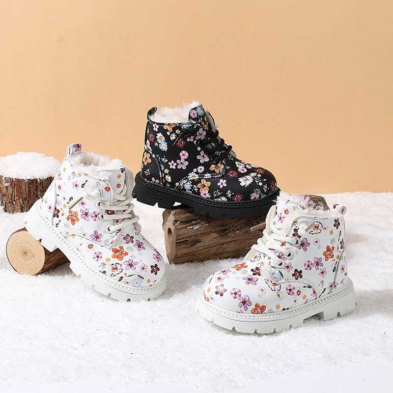 2024 New Winter Children Snow Boots Leather Flower Warm Plush Toddler Kids Shoes Non-slip Fashion Girls Boots EU 23-31W251121