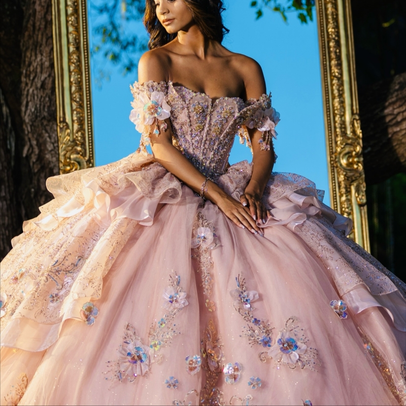 Pink Shiny Quinceanera Dresses Off The Shoulder Applique Flower Beading Crystal Bow Tull Corset Party Birthday Sweet 16 Dres Vestidos 15 Anos
