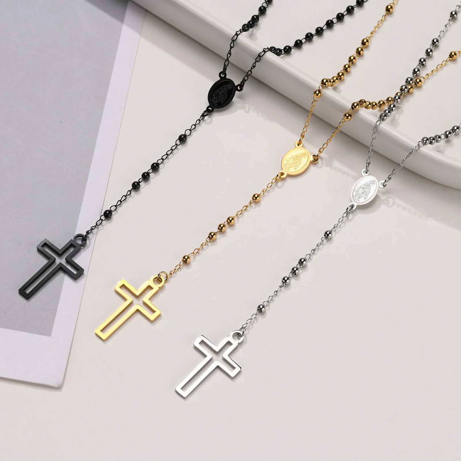 Rosary Cross Necklaces Women 2022 New Fashion Jewelry Gold Color Beads Chain Collar with Virgin Mary Medallion CharmXJ251121