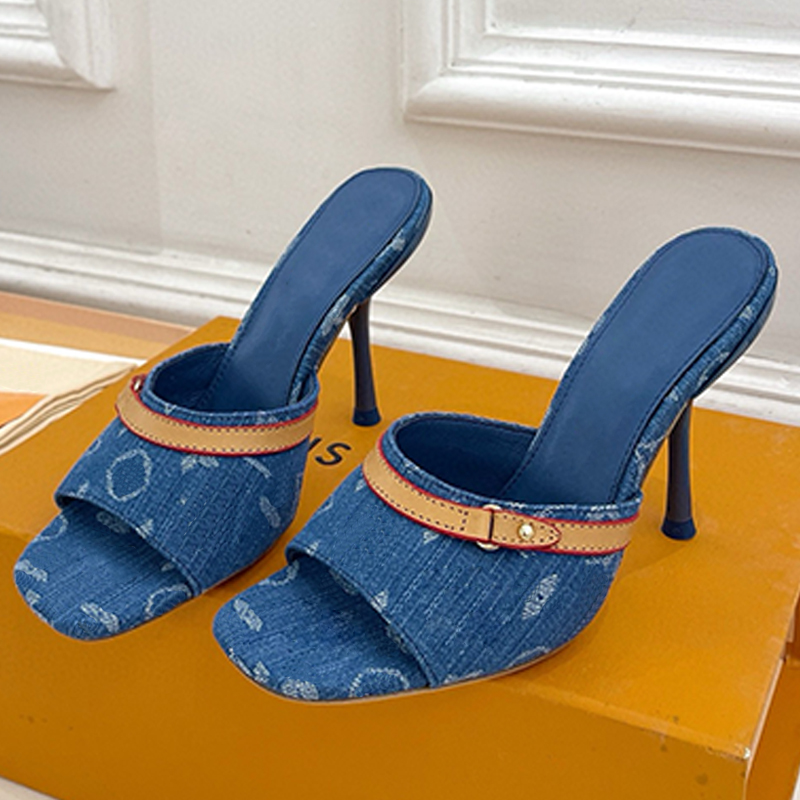 Fashion Womens 6AM Mule High Heeled Pattern Pink Denim 6AM mules cowhide leather signed Leather outsole Italian designer decorative strap stiletto heel Mule