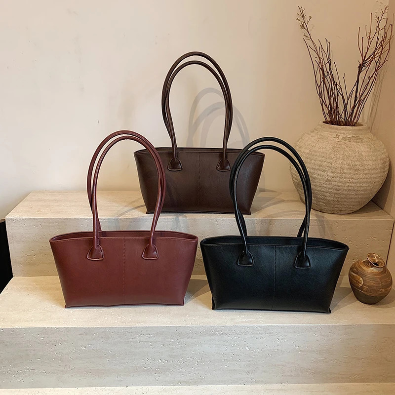 Burgundy Underarm Shoulder Bags For Women Pure Color PU Leather Large Capacity Casual Tote Bags Winter Handbags 251121
