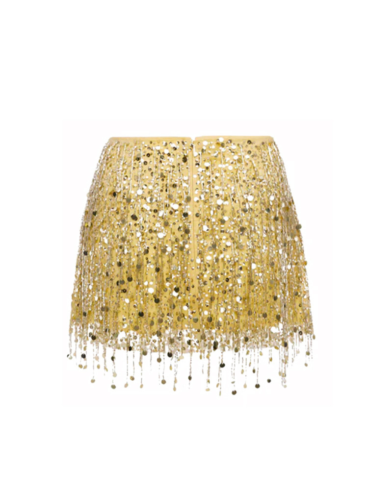 Sexy Tassel Chains Women's Skirt Elegant Solid Sequins Hip Package Female Party Mini Skirts 2025 Summer Lady Outfit Beachwear