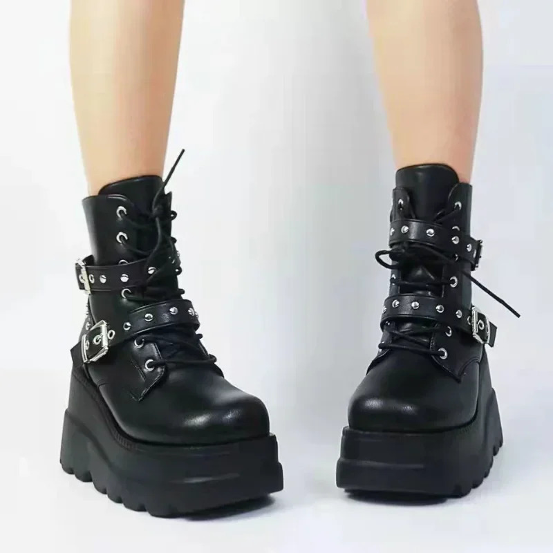 Women Pu Leather Ankle Booties Woman Autumn Winter Round Toe Lace Up Shoes Motorcycle Platform Gothic Boots Cosplay 251121