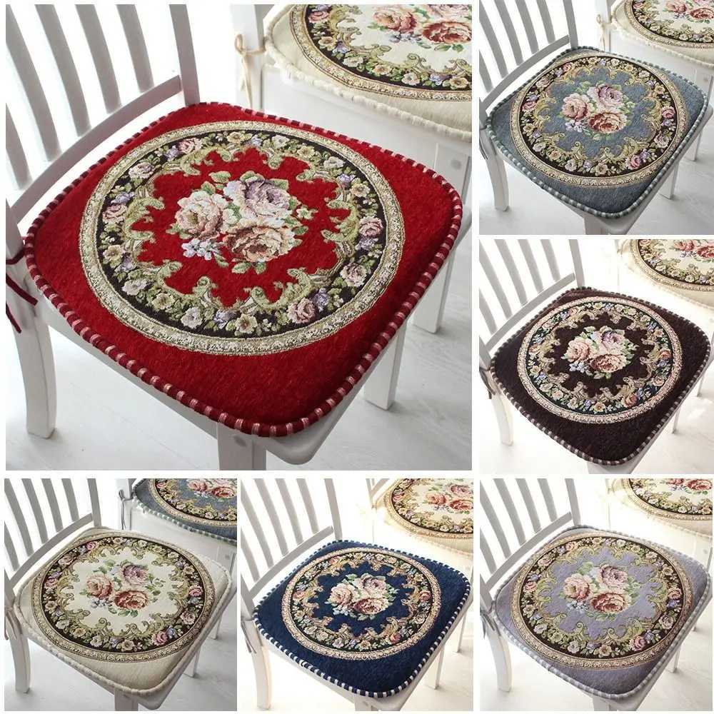 Vintage Chenille Dining Chair Cushion Detachable Non-slip Floral Chair Mat Soft with Straps Jacquard Seat Cushion C251121