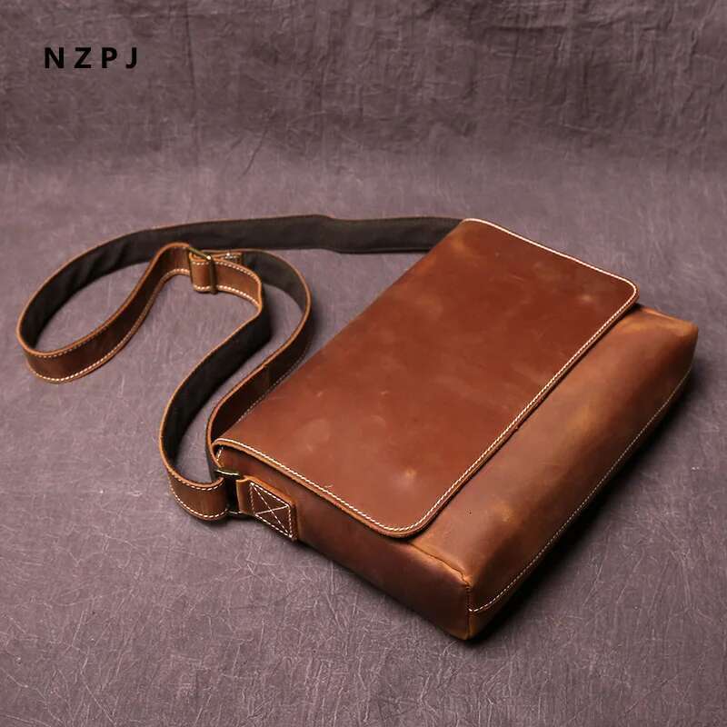 NZPJ Men S Retro Shoulder Crazy Horse Horizontal Crossbody Bag Top Layer Leather Casual Ipad Bad Bag